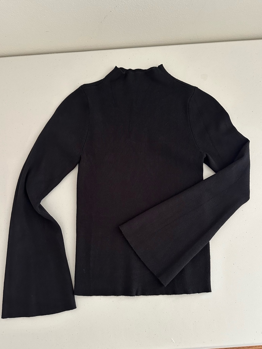Anthropologie Maeve Black Ribbed Mock Neck Bell Sleeve Top XS Minimalist Basics